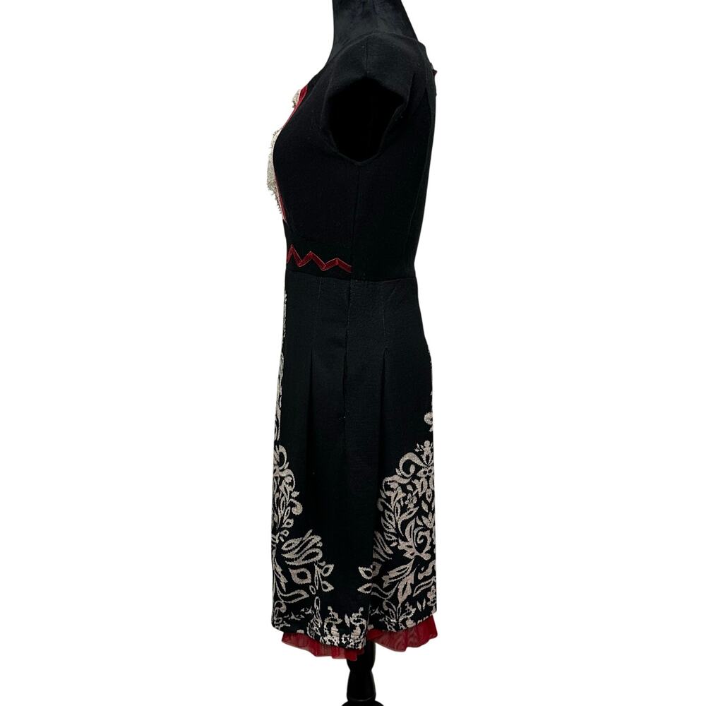 Vintage Lulu H Paris Fit Flare Dress L Black Red Lace Lagenlook Minor Flaw - Picture 2 of 13